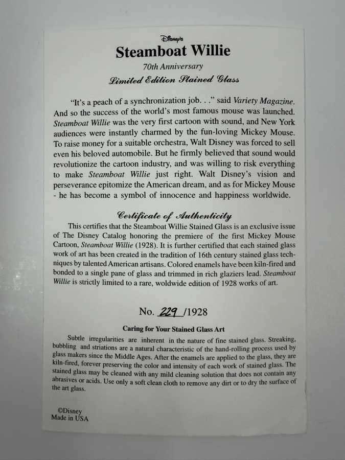 Limited Edition Stained Glass Artwork Featuring The Premiere Of The First Mickey Mouse Cartoon Steamboat Willie (1928) Numbered 229 Of 1928 7.5 X 10.5 [Photo 6]