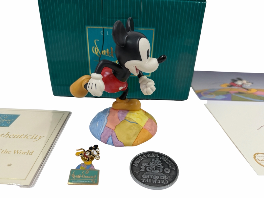 Walt Disney Classics Collection 'Millennium Mickey: On Top Of The World' From Walt Disney's Thru The Mirror Figurine With Trading Pin, Medallion And Original Box 5'H