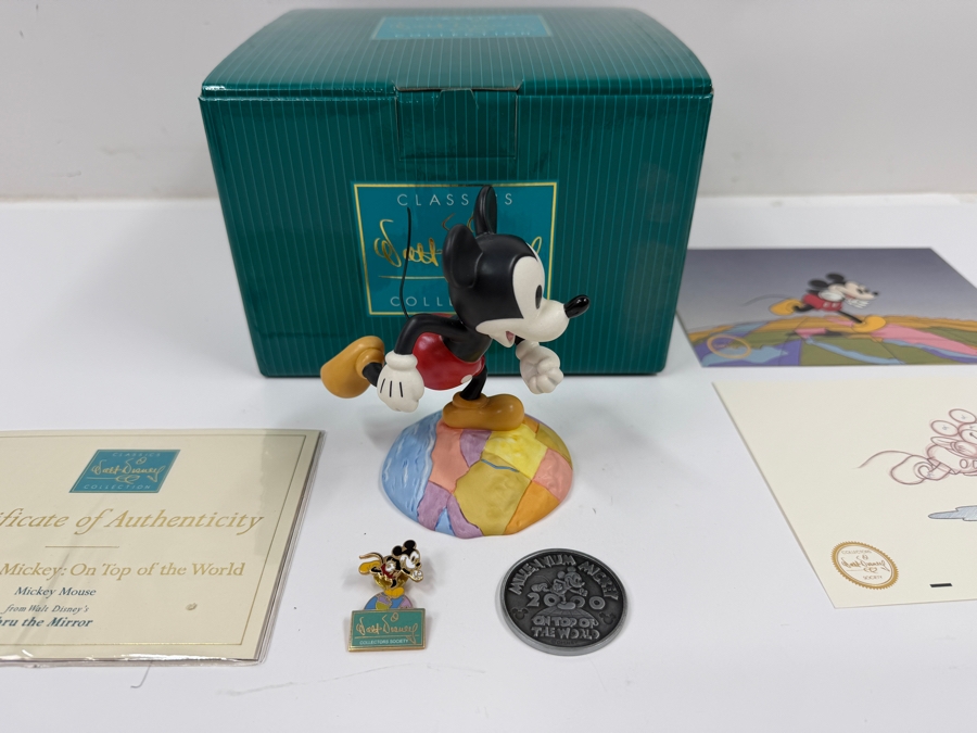 Walt Disney Classics Collection 'Millennium Mickey: On Top Of The World' From Walt Disney's Thru The Mirror Figurine With Trading Pin, Medallion And Original Box 5'H [Photo 3]