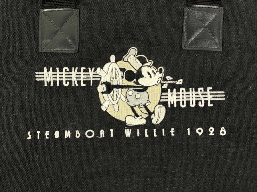 Just Added - Steamboat Willie 1928 Mickey Mouse Black Canvas Tote Bag With Embroidered Graphic 19'H X 15'W [Photo 3]