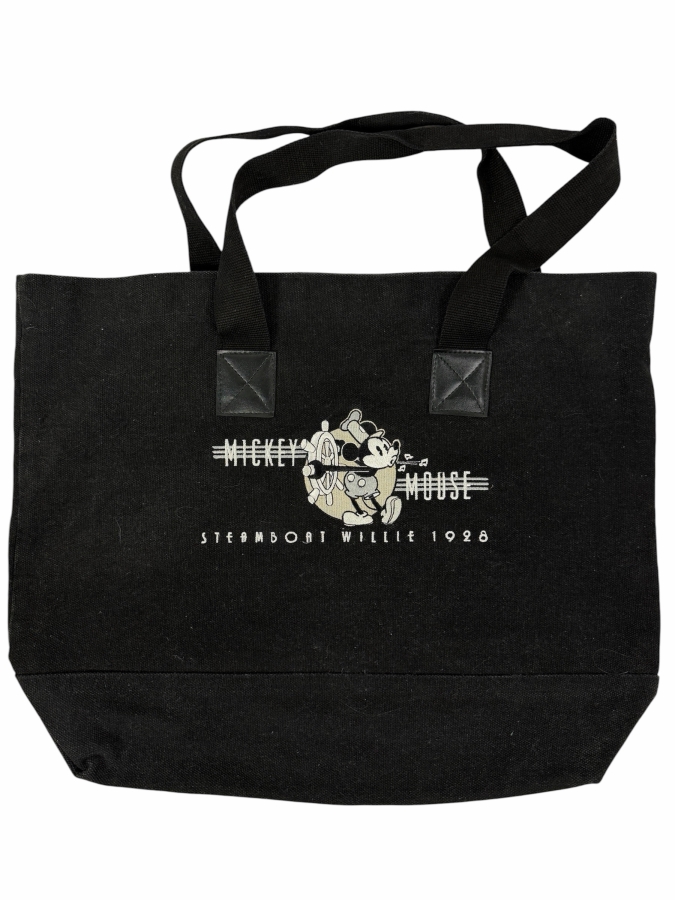 Just Added - Steamboat Willie 1928 Mickey Mouse Black Canvas Tote Bag With Embroidered Graphic 19'H X 15'W