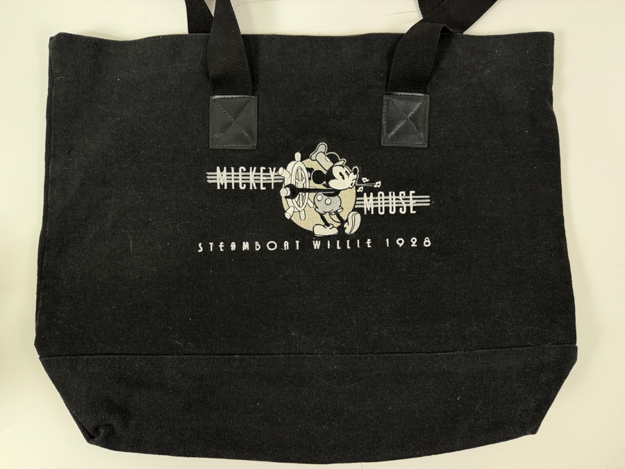 Just Added - Steamboat Willie 1928 Mickey Mouse Black Canvas Tote Bag With Embroidered Graphic 19'H X 15'W [Photo 2]
