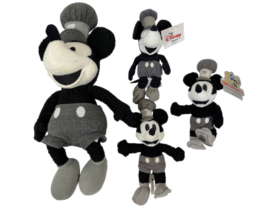 Just Added - Collection Of (4) Walt Disney Steamboat Willie Mickey Mouse Plush Toys - Height Of Larger Plush Is 20'H