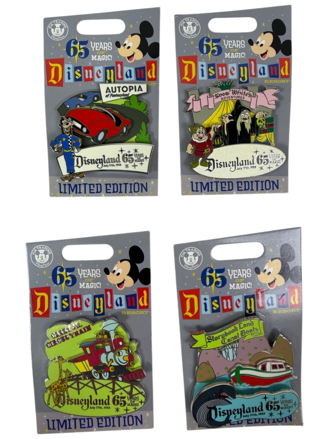 Just Added - Disneyland 65 Years Of Magic 65th Anniversary Attraction Limited Edition Pin Set Backing Cards With Mickey Mouse Ear Pin Backs