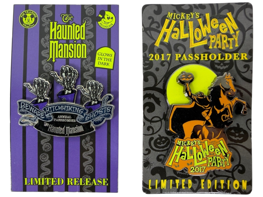 Just Added - Limited Edition Disney Pin DLR Mickey's Halloween Party 2017 Annual Passholder Headless Horseman Pin and Limited Release Haunted Mansion Hitchhiking Ghosts Pin