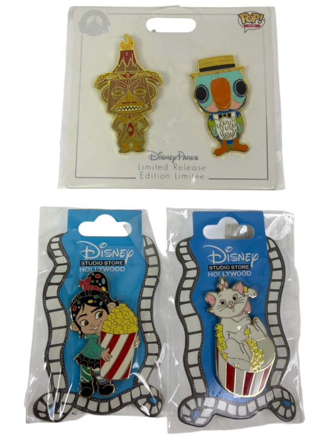 Just Added - Limited Release Disney Funko Pop! Enchanted Tiki Room 2-Pin Set, Vanellope Von Schweetz Popcorn Pin, And Marie The Aristocats Popcorn Trading Pin Collection