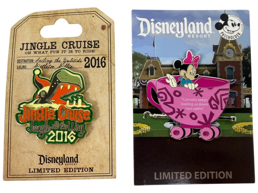 Just Added - Limited Edition Disneyland Resort Jingle Cruise 2016 And Minnie Mouse Teacup Train 2019 Passholder Trading Pins
