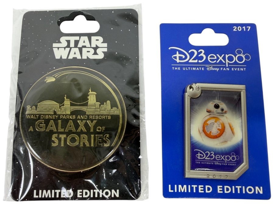 Just Added - Limited Edition 2017 D23 Expo Star Wars Galaxy’s Edge 'A Galaxy Of Stories' And BB-8 Logo Trading Pin Set