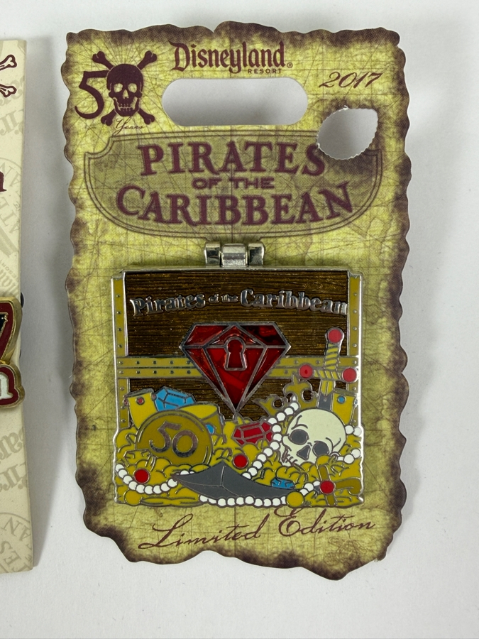 Just Added - Disney Pirates Of The Caribbean 50th Anniversary Limited Edition Commemorative Pin Set Featuring D23 Expo 2017 Exclusive And Disneyland Hinged Treasure Chest Red Gem Design [Photo 2]