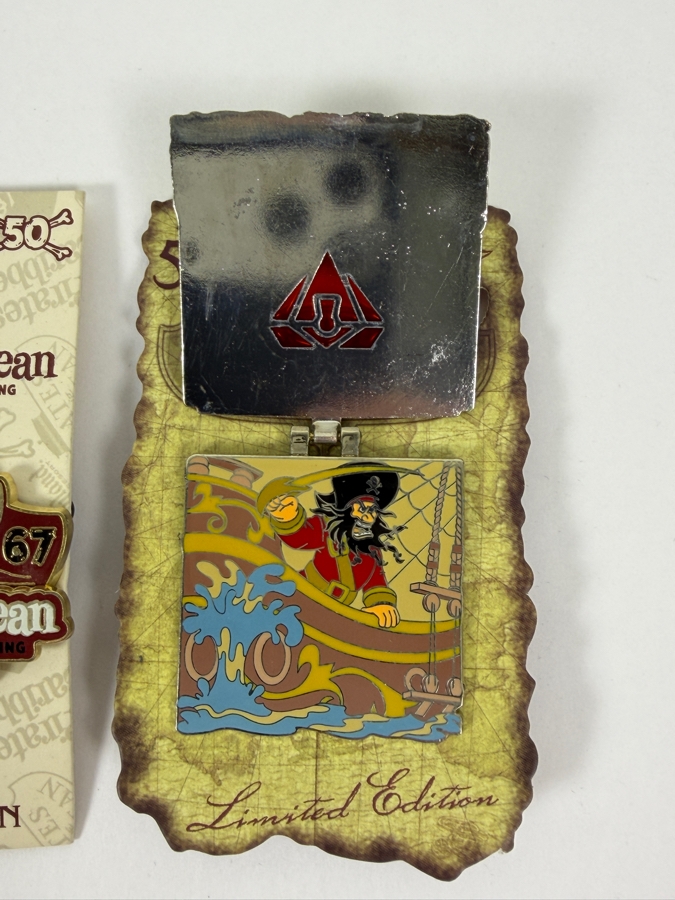 Just Added - Disney Pirates Of The Caribbean 50th Anniversary Limited Edition Commemorative Pin Set Featuring D23 Expo 2017 Exclusive And Disneyland Hinged Treasure Chest Red Gem Design [Photo 3]