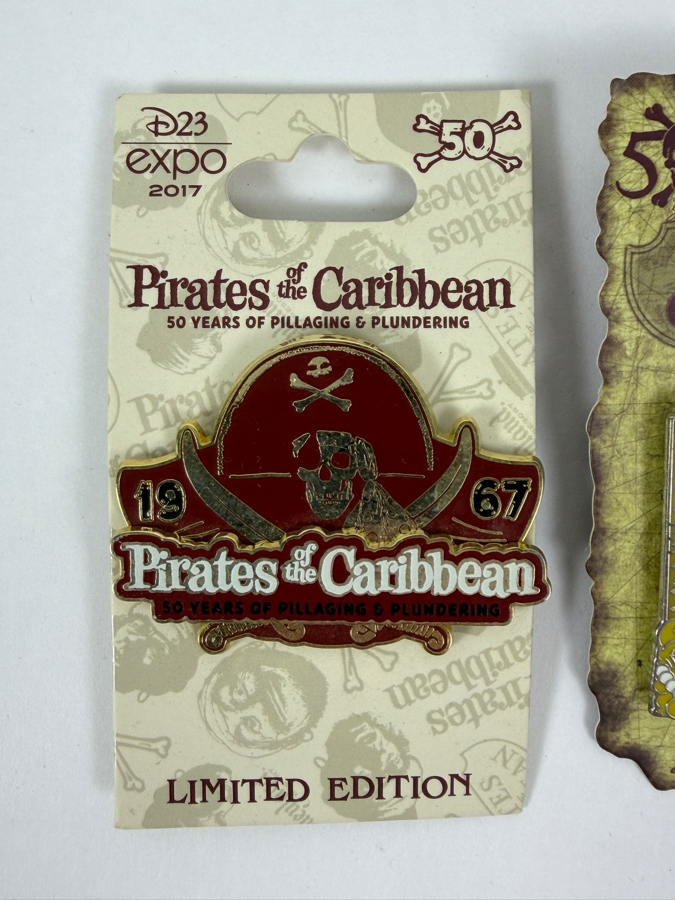 Just Added - Disney Pirates Of The Caribbean 50th Anniversary Limited Edition Commemorative Pin Set Featuring D23 Expo 2017 Exclusive And Disneyland Hinged Treasure Chest Red Gem Design [Photo 4]