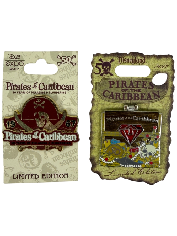Just Added - Disney Pirates Of The Caribbean 50th Anniversary Limited Edition Commemorative Pin Set Featuring D23 Expo 2017 Exclusive And Disneyland Hinged Treasure Chest Red Gem Design