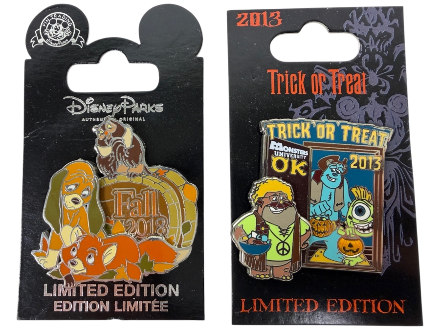 Just Added - Disney Parks Fall 2018 Fox And The Hound Limited Edition Enamel Pin And Pixar Monsters University Trick Or Treat 2013 Limited Edition Enamel Pin