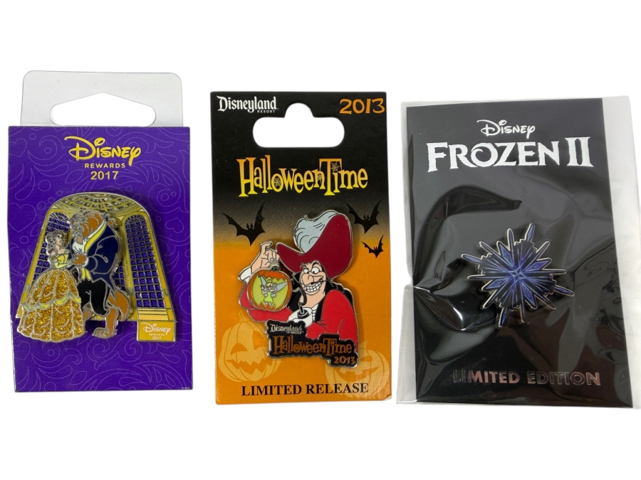 Just Added - Disney Pins: 2017 Beauty And The Beast Rewards, 2013 Halloween Time Captain Hook Limited Release, And Frozen II Snowflake Limited Edition Enamel Pin Set