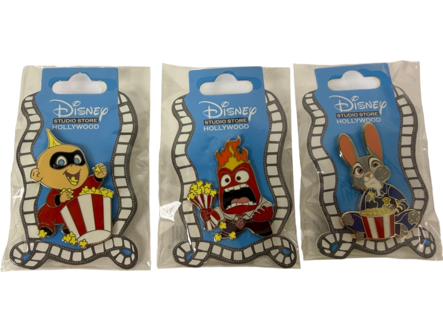 Just Added - Disney Studio Store Hollywood Popcorn Series Open Edition Enamel Pin Set Featuring Jack-Jack From The Incredibles, Anger From Inside Out, And Judy Hopps From Zootopia