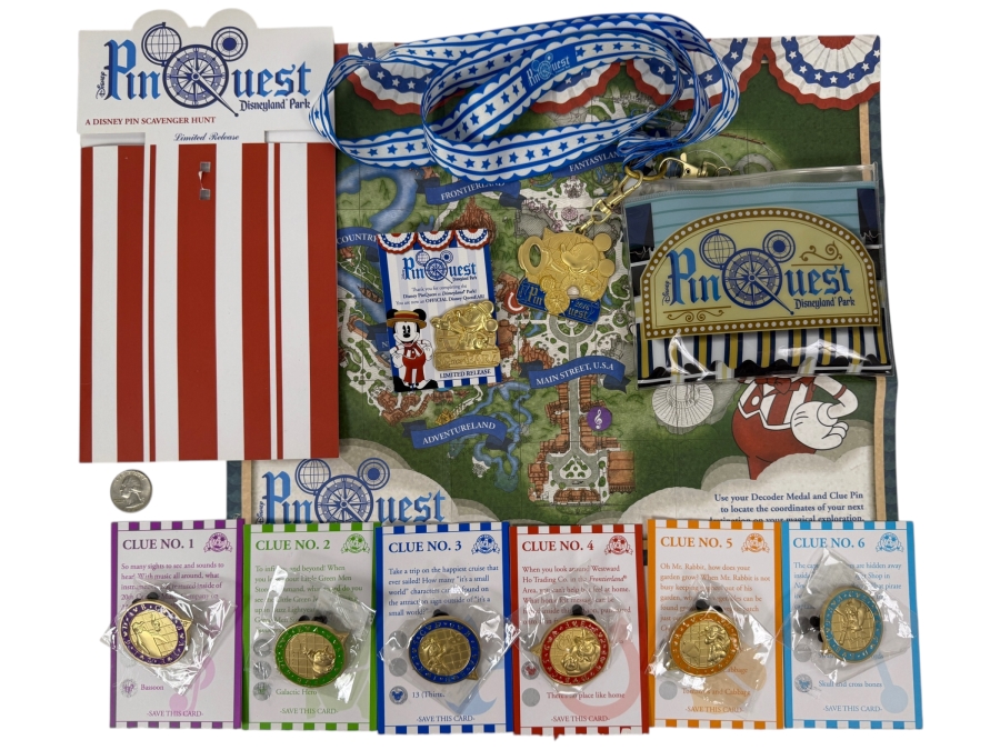 Just Added - Disneyland Resort 2016 PinQuest Scavenger Hunt Starter Adventure Kit With Complete Set Of Six Limited Release Clue Pins And Mickey Mouse QuestEAR Completer Pin