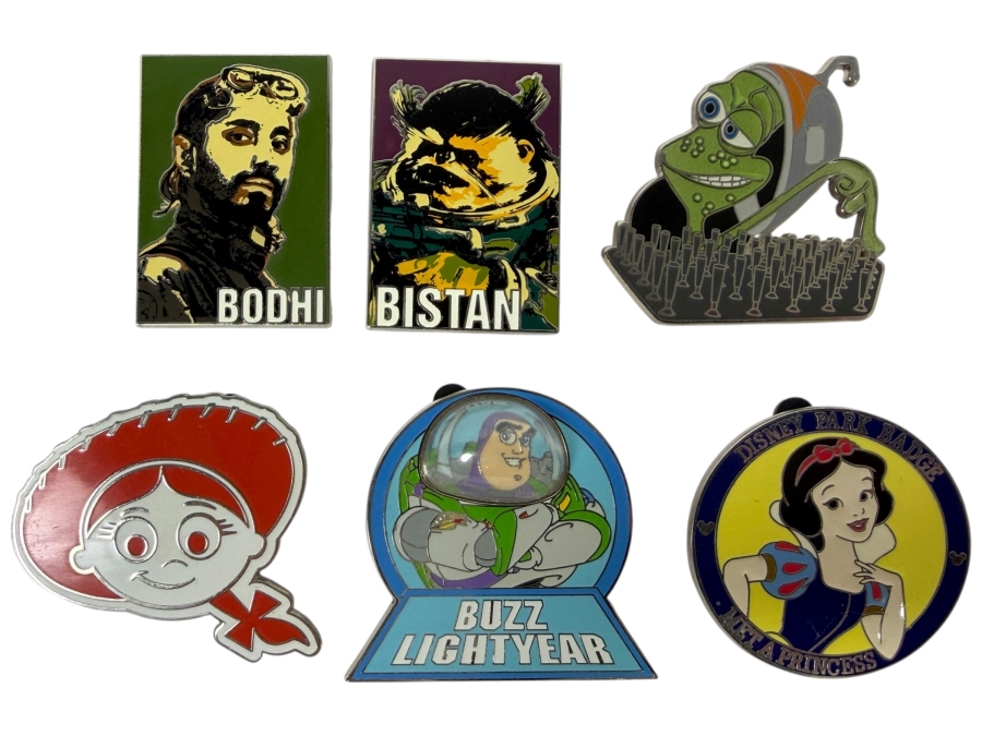 Disney Star Wars Rogue One Mystery Bodhi And Bistan, Pixar Short Film Stu, Loungefly Toy Story Jessie Heart, World Of Color Buzz Lightyear, And Disney Park Badges Met A Princess Snow White Limited Release Enamel Pin Collection