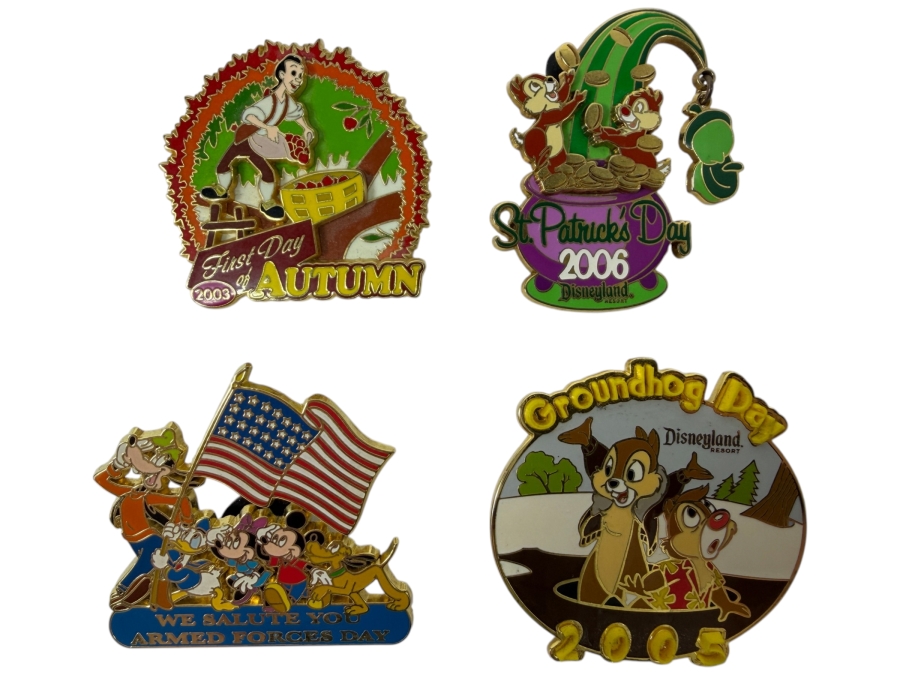 Just Added - Disney Limited Edition Pins: 2003 First Day Of Autumn Johnny Appleseed, 2006 St. Patrick's Day Chip And Dale, 2005 Groundhog Day Chip And Dale, And 2002 Armed Forces Day We Salute You Enamel Pin Collection