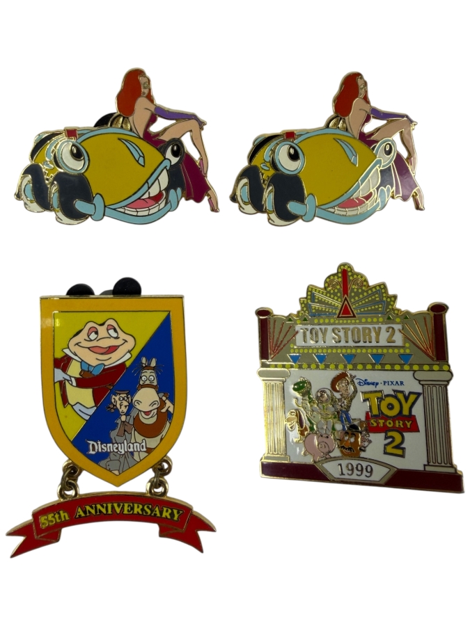 Just Added - Disneyland Resort Limited Edition 1500 Jessica Leaning On Benny The Cab, Disneyland 55th Anniversary Mr. Toad And Ichabod Crane Dangle Limited Edition 1500, And 1999 Toy Story 2 Theater Marquee Enamel Pin Collection