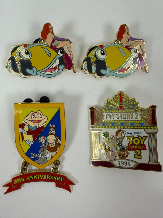 Just Added - Disneyland Resort Limited Edition 1500 Jessica Leaning On Benny The Cab, Disneyland 55th Anniversary Mr. Toad And Ichabod Crane Dangle Limited Edition 1500, And 1999 Toy Story 2 Theater Marquee Enamel Pin Collection [Photo 2]