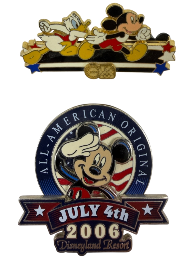 Just Added - Disneyland Resort 2004 Olympics Mickey And Donald Relay Limited Edition 0495 Of 2004 And July 4th 2006 Mickey Mouse Limited Edition 1000 Enamel Pin Collection