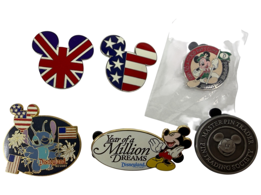 Just Added - Disney World Pin Trading Society Master Pin Trader, 2007 Year Of A Million Dreams Disneyland Resort Mickey, Disneyland Resort 2004 Independence Day Stitch, Disneyland Matterhorn Bobsleds Mickey, And United Kingdom/USA Mickey Icon Flag Enamel 