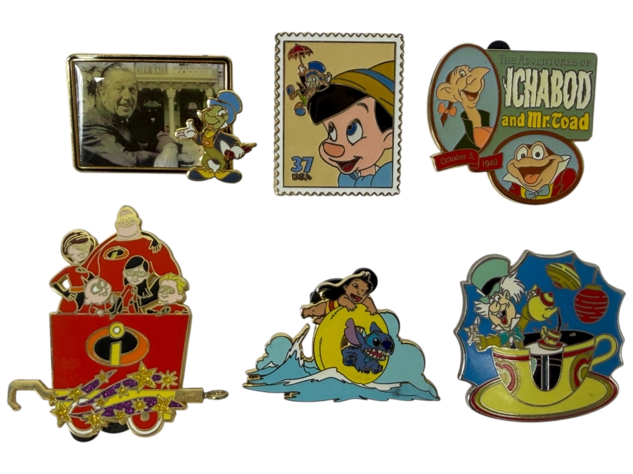 Just Added - Disneyland 100th Birthday Walt And Jiminy, Art Of Disney Pinocchio Stamp, Countdown To The Millennium Ichabod And Mr. Toad, Character Train Incredibles, Stitch Sundays Surfing, And Fantasyland Mad Hatter Pin Collection