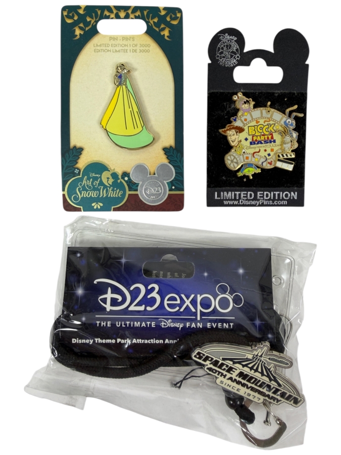 Just Added - D23 Expo 2017 Art Of Snow White Limited Edition 3000, 2005 Disney Parks Pixar Block Party Bash Limited Edition, And D23 Expo 2017 Space Mountain 40th Anniversary Since 1977 Lanyard Medallion Collection