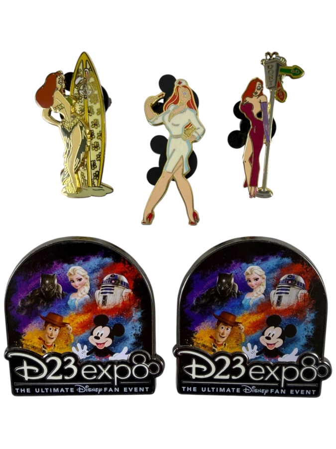 Just Added - Disney Auctions Limited Edition 1000 Jessica Rabbit On Moving Surfboard, Hospital Nurse Jessica Rabbit, Red Dress Jessica On St. Crossing Sign, And D23 Expo 2017 Logo Multi-Character Enamel Pin Collection
