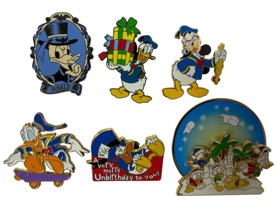 Disney Pins: 2017 Halloween Hidden Mickey Donald, Christmas With Presents, Goofin' Around Googly Eyes, Spain Sedesma Skateboard, 2004 Cast Lanyard Unbirthday, And 2005 Snowball Fight Spinner Enamel Pin Set