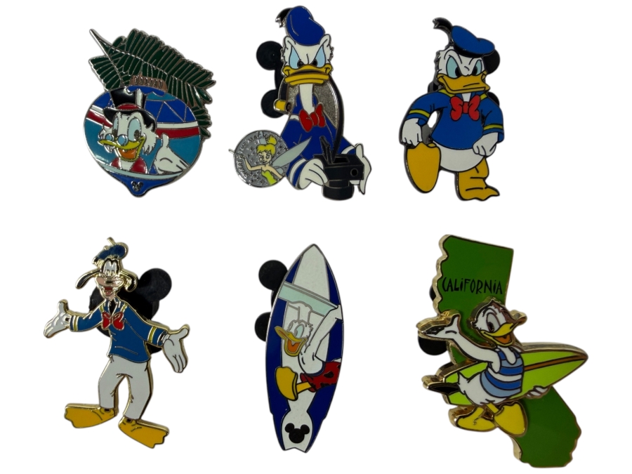 Just Added - Disney Pins: 2017 Shanghai Disney Halloween Donald, 2004 Disneyland Cast Lanyard Unbirthday Donald, 2005 Goofin' Around Googly Eyes Donald, And 2005 Snowball Fight Spinner Donald Enamel Pin Set