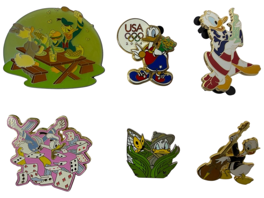 Just Added - Disney Limited Edition Pins: 2001 Artist Choice Sandwich Snatchers, 2004 USA Olympics Donald And Daisy, 2007 Hidden Mickey All-American Donald, 2001 Japanese Disney Store Cello Donald, And 2005 Butterfly Catcher Enamel Pin Set