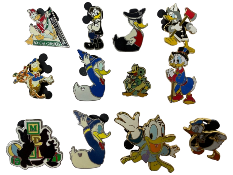 Just Added - Disney Pins: 2004 Wells Expedition Donald, 2002 Firefighter Donald, 1999 Millennium Countdown Ichabod & Mr. Toad, Scrooge McDuck With Cane, And Sorcerer Donald Enamel Pin Collection