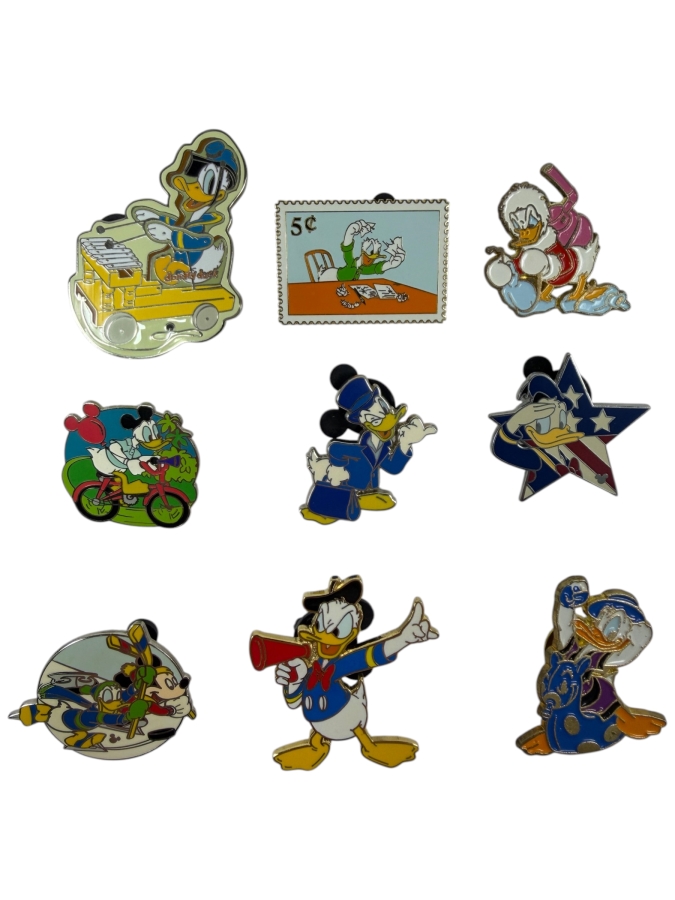 Just Added - Disney Pins: 2004 Vintage Toy Donald Pull Toy LE 100, 2004 Postage Stamp Donald, 2009 Haunted Mansion Phineas Donald, 2006 Independence Day Star LE 2500, And Various Donald Duck Adventure Enamel Pin Collection