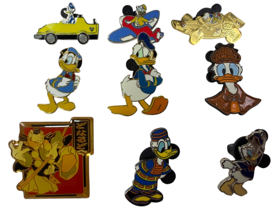 Just Added - Donald Duck Enamel Pin Collection Featuring Hidden Mickey Cars, Airplanes, Kabuki Warrior, And Sherlock Holmes Designs
