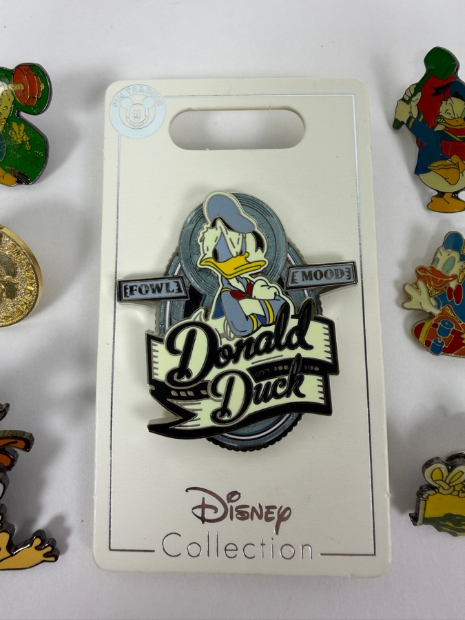 Just Added - Disney Pins: 2011 'Fowl Mood' Donald Duck Spinner, 1930s-Style Long-Necked Donald, Weightlifter Donald, Gold-Toned Donald Face, And Various Vintage Character Enamel Pin Collection [Photo 2]