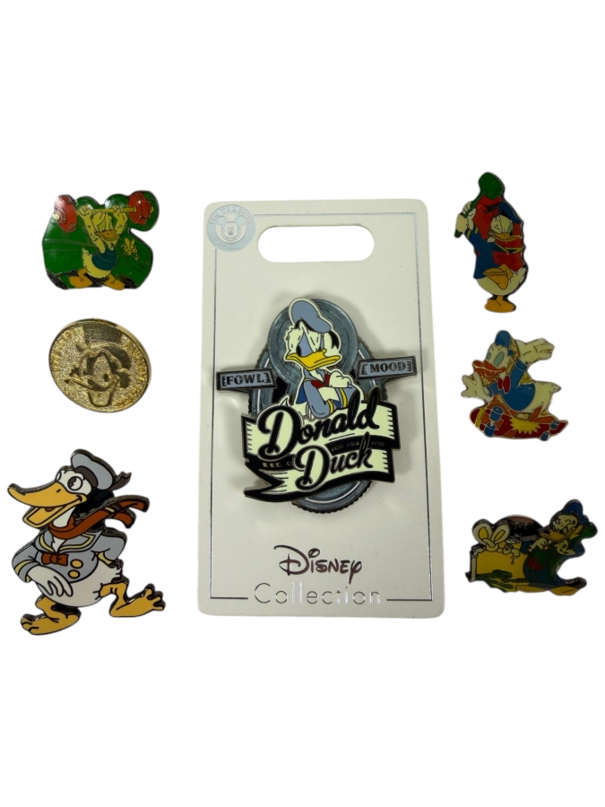 Just Added - Disney Pins: 2011 'Fowl Mood' Donald Duck Spinner, 1930s-Style Long-Necked Donald, Weightlifter Donald, Gold-Toned Donald Face, And Various Vintage Character Enamel Pin Collection