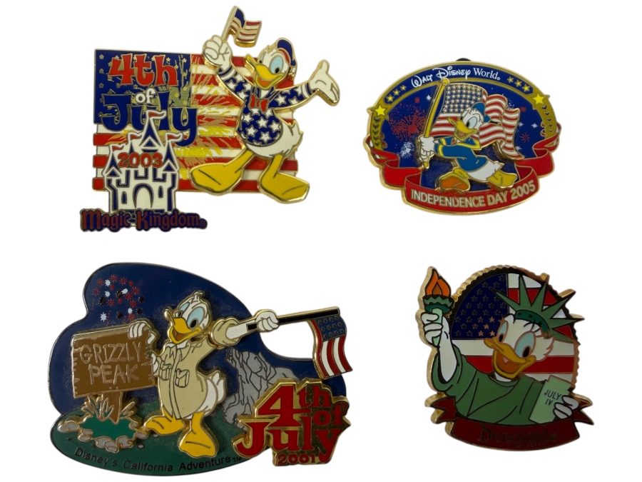 Just Added - Disney Pins: 2003 Magic Kingdom 4th Of July LE 2000, 2005 WDW Independence Day LE 3000, 2001 DCA Grizzly Peak 4th Of July LE 2400, And 2008 DLR Daisy Duck Statue Of Liberty LE 500 Enamel Pin Set