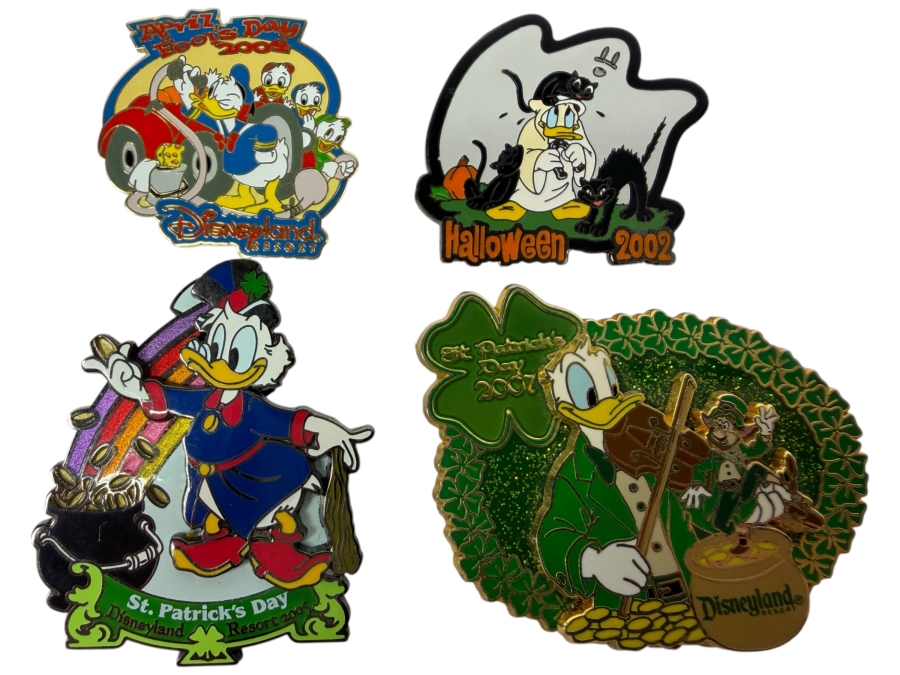 Just Added - Disneyland Resort 2004 April Fool’s Day Donald Duck LE 2000, 2002 Halloween Donald Ghost LE 2000, 2006 St. Patrick’s Day Scrooge McDuck LE 1000, And 2007 St. Patrick’s Day Donald Duck Fiddle LE 750 Enamel Pin Collection