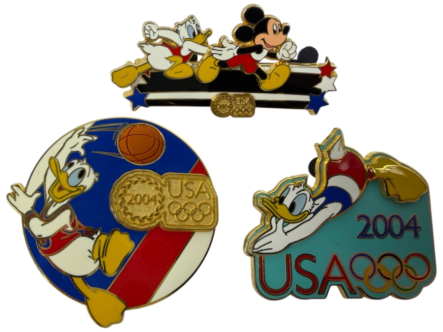 Just Added - Disney 2004 USA Olympics Limited Edition Enamel Pins: Mickey And Donald Relay Race, Donald Duck Basketball, And Donald Duck Swimming Olympic Rings Collection