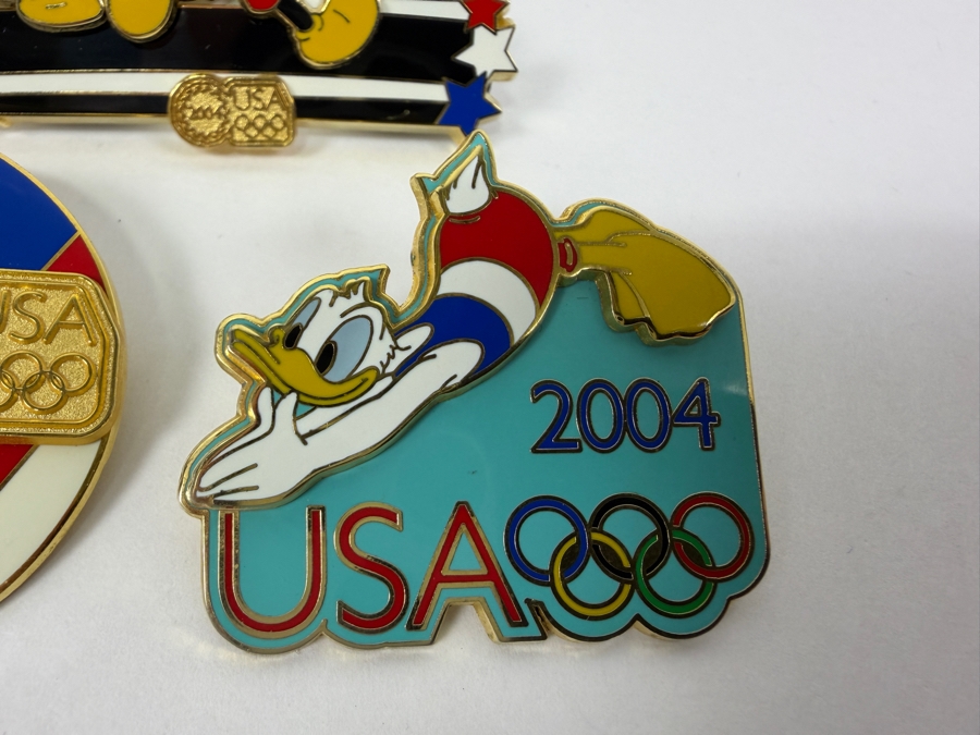 Just Added - Disney 2004 USA Olympics Limited Edition Enamel Pins: Mickey And Donald Relay Race, Donald Duck Basketball, And Donald Duck Swimming Olympic Rings Collection [Photo 3]