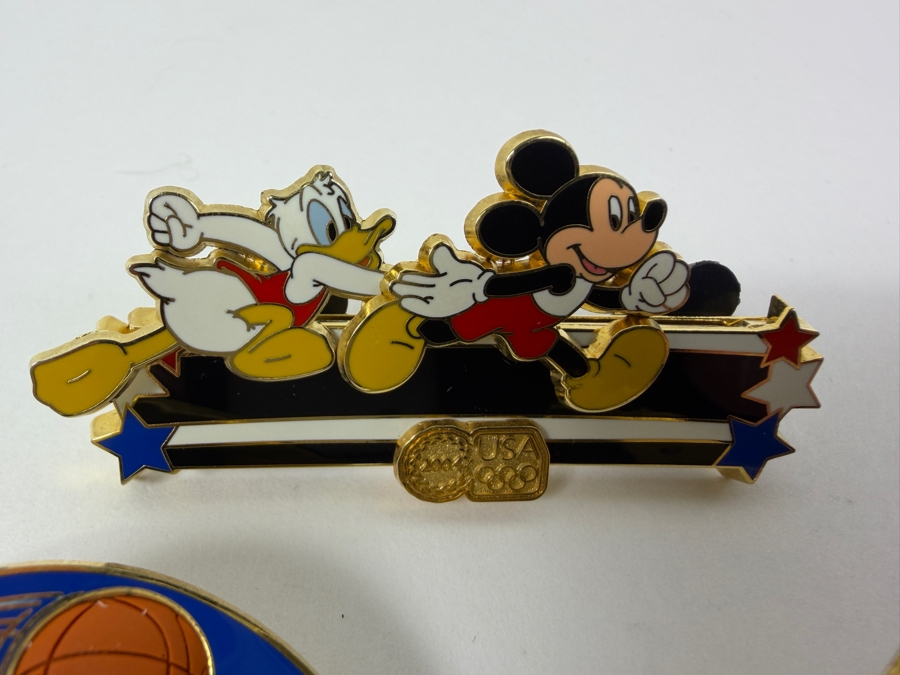 Just Added - Disney 2004 USA Olympics Limited Edition Enamel Pins: Mickey And Donald Relay Race, Donald Duck Basketball, And Donald Duck Swimming Olympic Rings Collection [Photo 4]