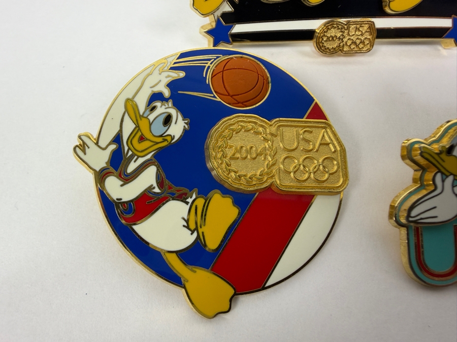 Just Added - Disney 2004 USA Olympics Limited Edition Enamel Pins: Mickey And Donald Relay Race, Donald Duck Basketball, And Donald Duck Swimming Olympic Rings Collection [Photo 2]