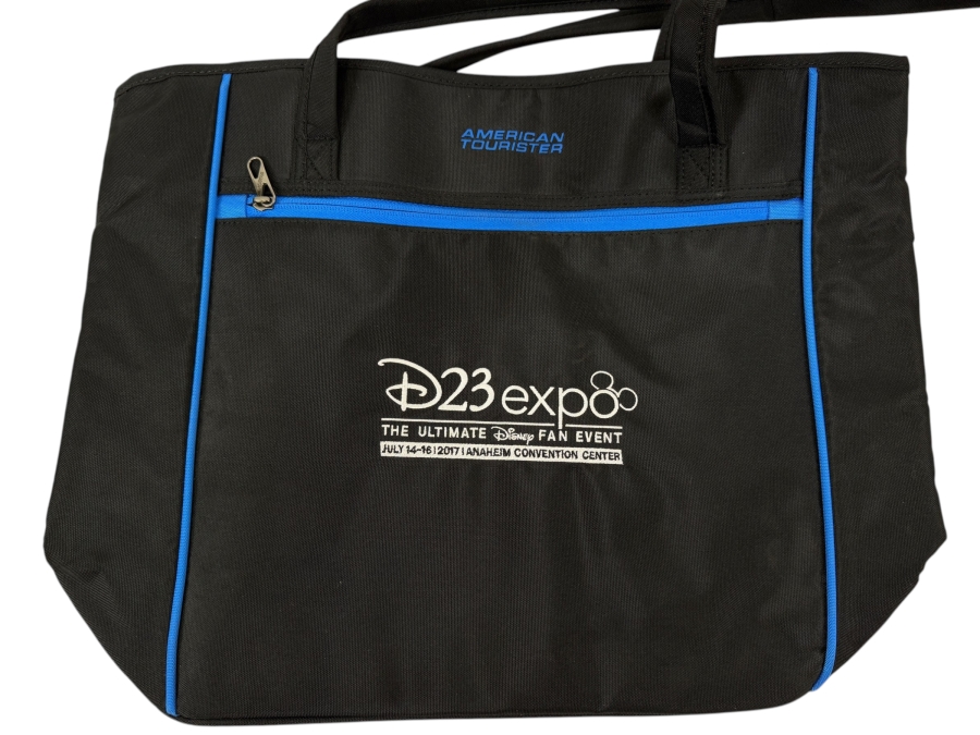 Just Added - Disney D23 Expo 2017 The Ultimate Fan Event American Tourister Black Canvas Tote Bag With Blue Piping And Zipper Accent