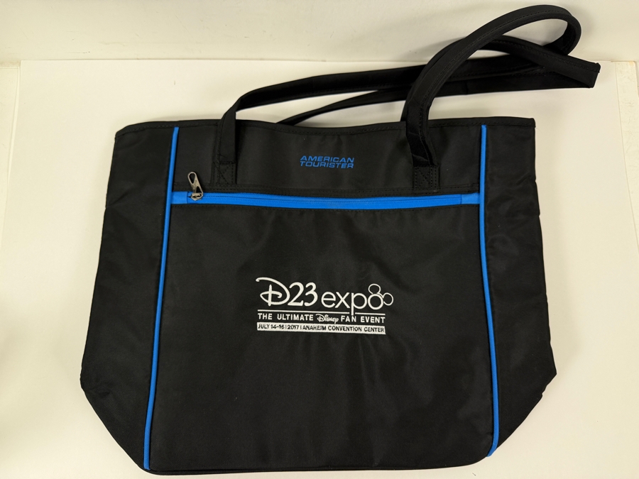 Just Added - Disney D23 Expo 2017 The Ultimate Fan Event American Tourister Black Canvas Tote Bag With Blue Piping And Zipper Accent [Photo 2]