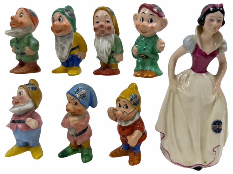 Just Added - Vintage 1950s Goebel Germany Walt Disney Snow White And The Seven Dwarfs Porcelain Figurine Collection Featuring Sneezy, Bashful, Sleepy, Dopey, Happy, Grumpy, And Doc With Original Foil Labels 3'H - 6'H