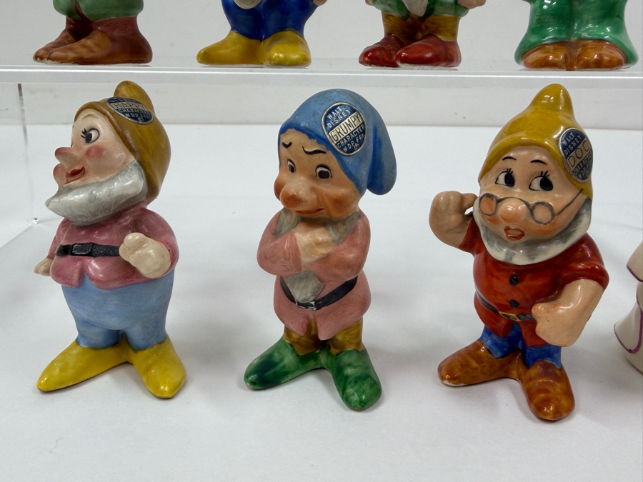 Just Added - Vintage 1950s Goebel Germany Walt Disney Snow White And The Seven Dwarfs Porcelain Figurine Collection Featuring Sneezy, Bashful, Sleepy, Dopey, Happy, Grumpy, And Doc With Original Foil Labels 3'H - 6'H [Photo 2]