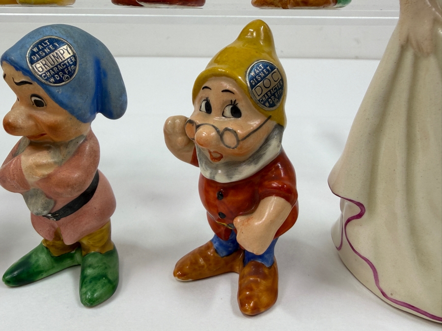 Just Added - Vintage 1950s Goebel Germany Walt Disney Snow White And The Seven Dwarfs Porcelain Figurine Collection Featuring Sneezy, Bashful, Sleepy, Dopey, Happy, Grumpy, And Doc With Original Foil Labels 3'H - 6'H [Photo 3]