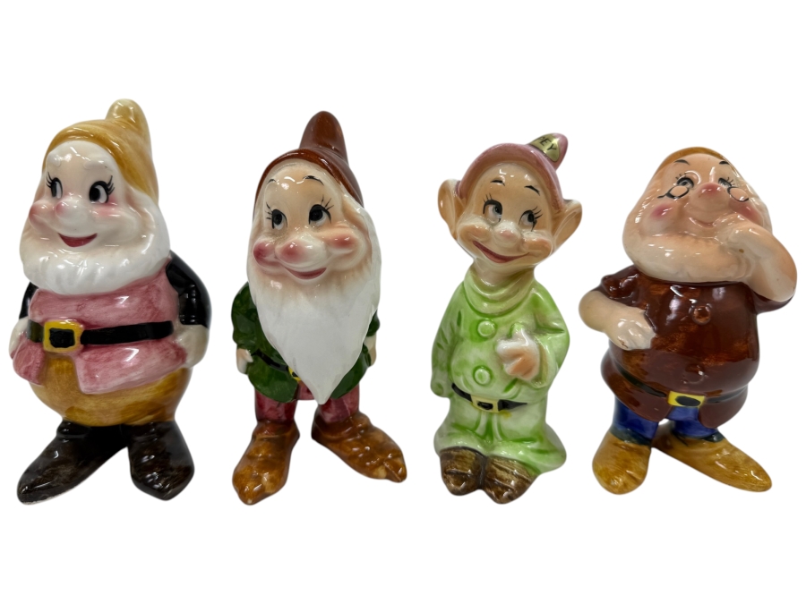 Just Added - Vintage 1950s Goebel Germany Walt Disney Snow White And The Seven Dwarfs Porcelain Figurine Collection Featuring Sneezy, Bashful, Sleepy, Dopey, Happy, Grumpy, And Doc With Original Foil Labels 5'H