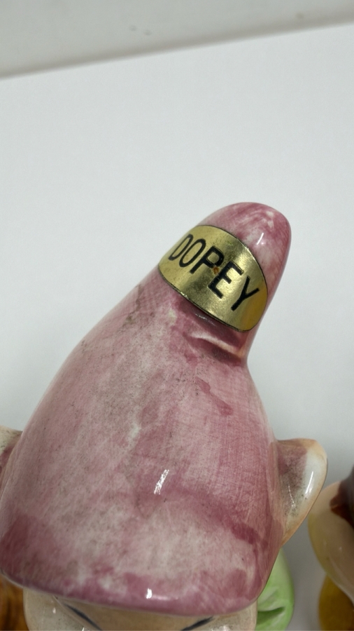 Just Added - Vintage 1950s Goebel Germany Walt Disney Snow White And The Seven Dwarfs Porcelain Figurine Collection Featuring Sneezy, Bashful, Sleepy, Dopey, Happy, Grumpy, And Doc With Original Foil Labels 5'H [Photo 3]